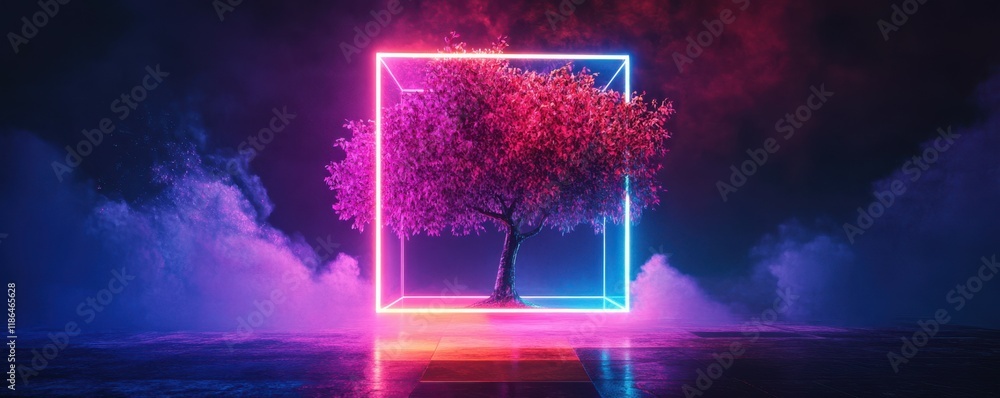 Poster neon tree in a glowing cube, showcasing vibrant colors against a dark backdrop, creating a futuristi