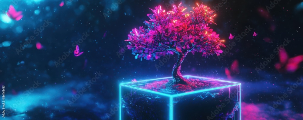 Poster neon tree in a glowing cube, showcasing vibrant colors against a dark backdrop, creating a futuristi