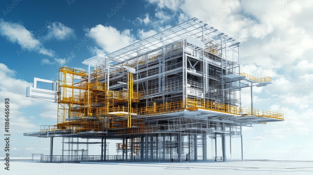 Poster construction in progress, large building with extensive yellow scaffolding in urban setting