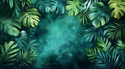 Obraz premium Lush Tropical Leaves on Teal Background