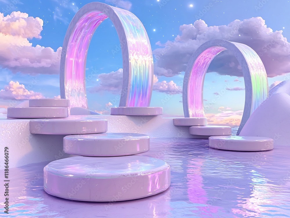 Poster cascading chromatic currents of boundless quantum luminance where ribbons of iridescent energy flow 