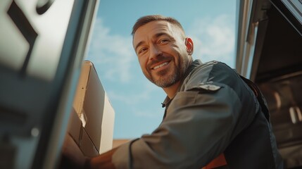 Delivery Driver Happiness: A smiling delivery driver looks directly at the camera, radiating positivity and reliability while handling packages.  The bright sunlight enhances his cheerful expression.