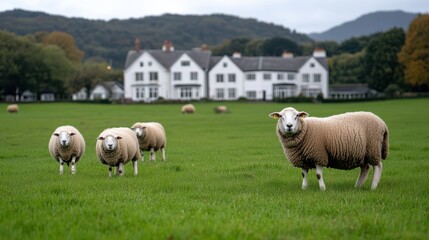 Fototapeta premium Sheep graze on lush, green fields with a grand country manor in the background, epitomizing a tranquil rural English countryside scene.