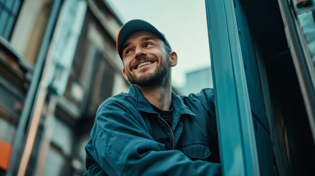 Happy Delivery Driver: A smiling delivery driver looks up, brimming with positive energy, showcasing professionalism and job satisfaction against a backdrop of a city street.  