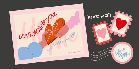 Naklejka premium Happy Valentines Day greeting card. 14 February holiday. Cute love sale flyer template, poster, cover, banner design. Love letter, envelope. Set of love postage stamps
