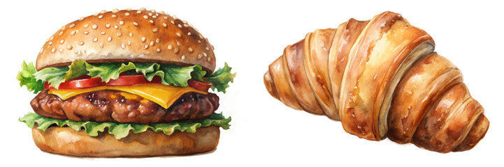Colorful food illustration, delicious hamburger, flaky croissant, fresh ingredients, appetizing presentation, culinary art, vibrant colors.