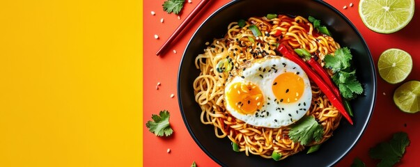 Noodles with fried egg, lime, and chili peppers on a vibrant split background, showcasing a delicious Asian inspired dish full of flavors and colors