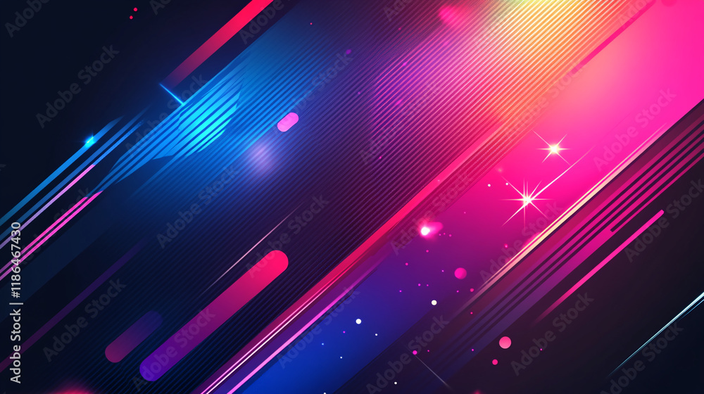 Poster abstract neon geometric lines with vibrant gradients and glowing sparkles