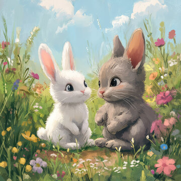 Playful Bunny and Kitten in a Soft Meadow Filled with Colorful Flowers and Clouds