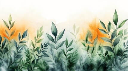 Watercolor Botanical Green Leaves, Orange Background