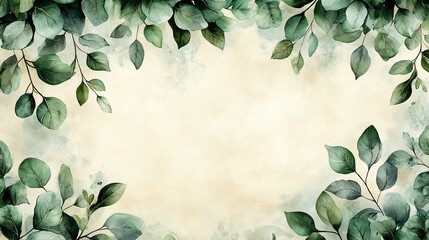 Watercolor Eucalyptus Frame, Greenery Border, Beige Background
