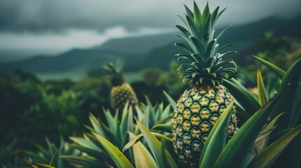 Fototapeta premium A ripe pineapple with vibrant yellow color grows on the plant, surrounded by spiky green leaves, with a lush pineapple field in the background
