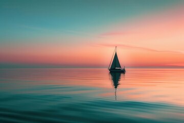 Fototapeta premium A serene sunset over calm waters with a solitary sailboat, evoking tranquility and reflection.