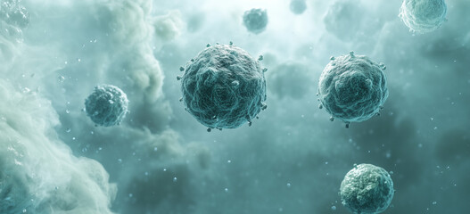 Floating bluish-green and gray virus cells in a microscopic view