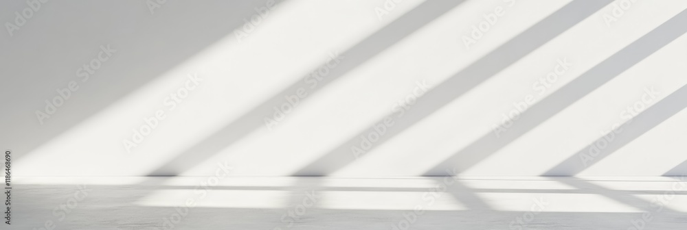 Fototapete Realistic diagonal shadows from window light overlay on surface of white wall and floor in empty room, creating abstract geometric pattern for design presentation background or advertising space