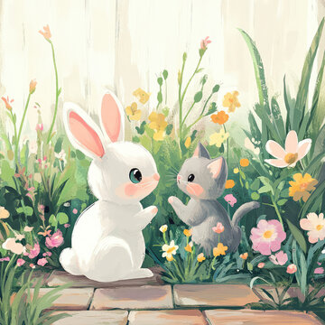 Whimsical Bunny with a Balloon and Kitten with a Bow in a Dreamy Pastel Scene 