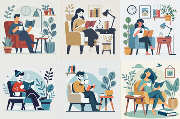 One enjoys a cup of coffee or tea while reading a book in a comfortable, minimally furnished chair. with a flat and minimalist design