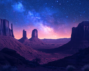 Milky Way over desert rock formations at night with starry sky
