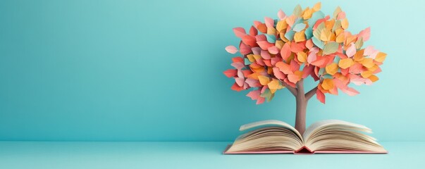 Paper tree with colorful leaves and an open book on a soft blue background, symbolizing knowledge and creativity through nature s vibrant presentation