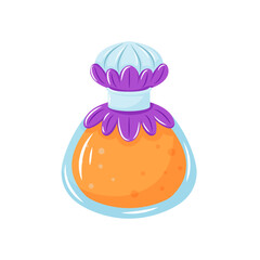 Perfume bottle with a orange liquid and purple petals in cartoon. Perfect for beauty, fragrance or cosmetic related design. Vector illustration isolated on a white background.