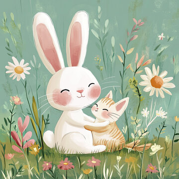 Adorable Bunny and Kitten in a Magical Meadow of Butterflies and Flowers 