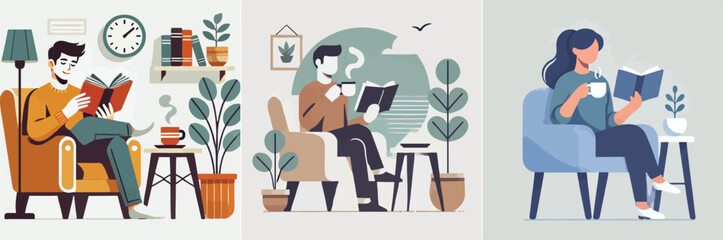 One enjoys a cup of coffee or tea while reading a book in a comfortable, minimally furnished chair. with a flat and minimalist design