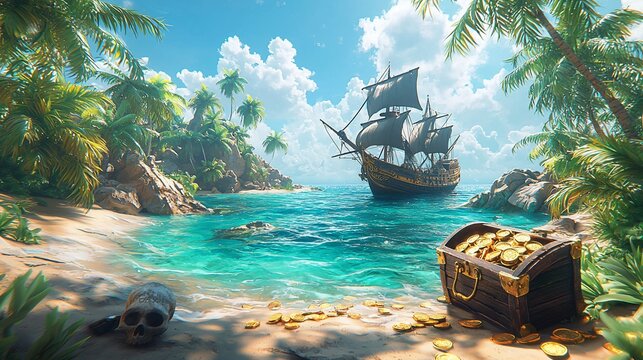 Treasure chest on a tropical beach with a galleon in the background.