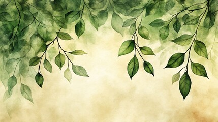 Watercolor Green Leaves on Vintage Beige Background