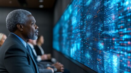 Executive Observing Digital Data Stream: A Serene Blue Tech Visualization