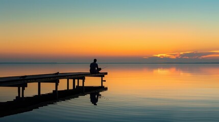 Fototapeta premium A serene sunset view with a person fishing on a wooden pier over calm waters.