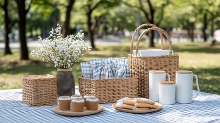 Quaint picnic stall adorned with woven baskets and baked goods stands under leafy trees, evoking a cozy and relaxed park atmosphere.