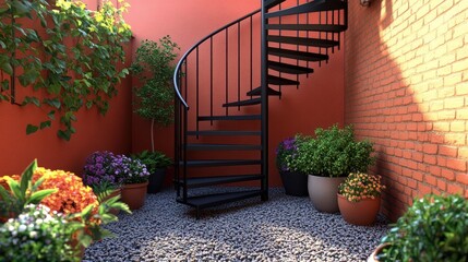 Sunlit courtyard with spiral staircase and potted plants.