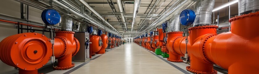Fototapeta premium Intricate network of orange pipes, industrial infrastructure within a building