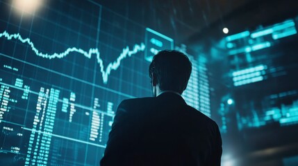 Data Driven Decisions: A silhouette of a businessman stands before a large screen displaying a dynamic graph, symbolizing the power and reliance on data analysis in today's business world.