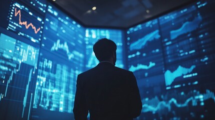 Data Analyst at Work: A lone figure, silhouetted against a wall of glowing digital screens displaying intricate data visualizations.