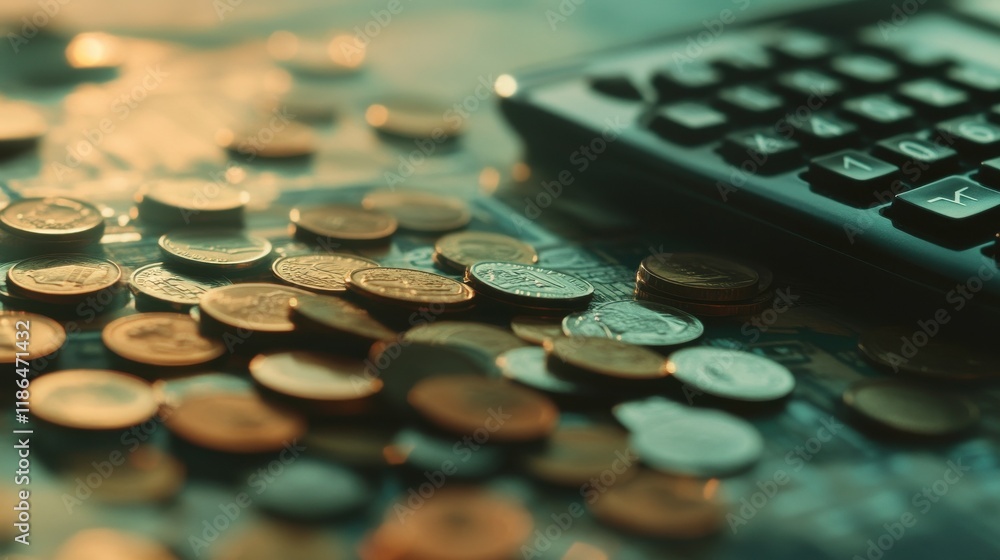 Poster a beautiful defocused background with muted colors featuring a mix of ledgers calculators and coins 