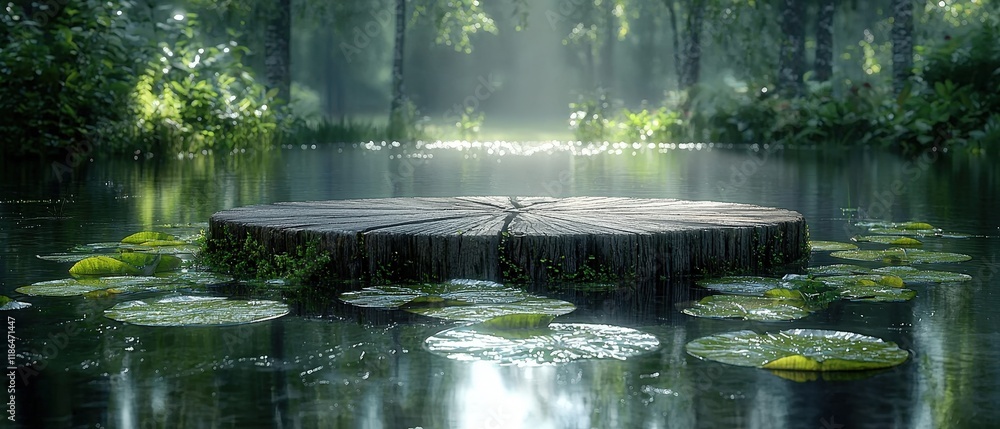 Poster a serene forest pond with a tree stump platform. ideal for showcasing natural or fantasy products ad