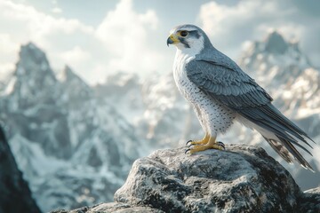 Fototapeta premium A majestic falcon perches on a rocky ledge, overlooking a breathtaking mountainous landscape under a clear sky.