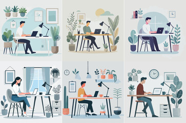 A person working from home on a laptop, sitting at a simple desk with plants and coffee cup, with a bright white background