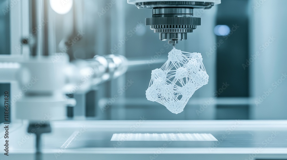 Poster 3d printer in action, creating a white object layer by glimpse into additive manufacturing