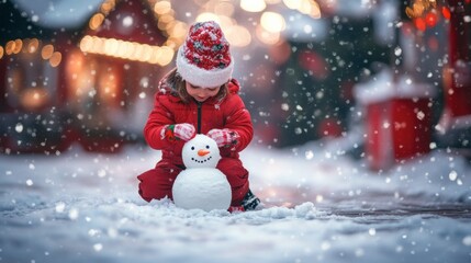 Snowy Day Fun: A little girl in a red snowsuit builds a snowman in a winter wonderland, snow falling gently around her. The festive lights of a Christmas market sparkle in the background.