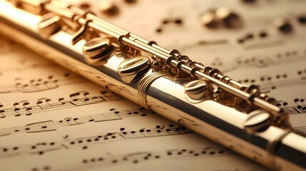 Obraz premium Golden Flute Resting on Musical Sheet Music