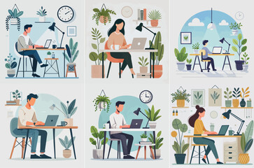 A person working from home on a laptop, sitting at a simple desk with plants and coffee cup, with a bright white background