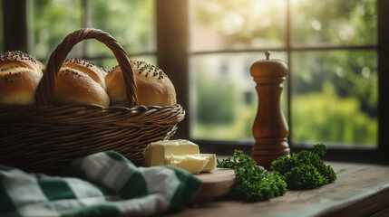 Homemade bread rolls, their seeded tops shining under soft kitchen light, rest in a wicker basket beside freshly chopped parsley, creamy butter, and a pepper grinder on a cozy tabl