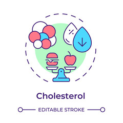 Cholesterol multi color concept icon. Meal control, food weight. Molecules, biochemistry. Round shape line illustration. Abstract idea. Graphic design. Easy to use in infographic, presentation