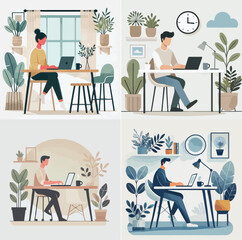 Fototapeta premium A person working from home on a laptop, sitting at a simple desk with plants and coffee cup, with a bright white background