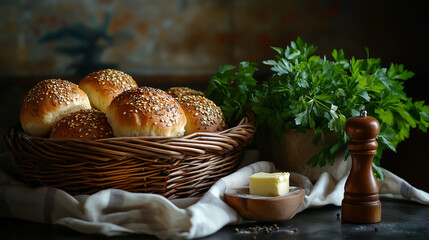 Golden, seed-encrusted bread rolls nestle inside a rustic wicker basket on a kitchen table, surrounded by creamy butter, vibrant parsley, and a well-used pepper grinder.