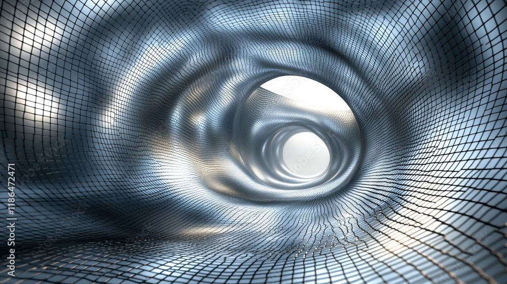 Poster Abstract metallic tunnel with grid texture and light reflections