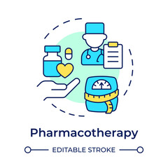 Pharmacotherapy multi color concept icon. Medicine prescription, medicaments. Weight measurement. Round shape line illustration. Abstract idea. Graphic design. Easy to use in infographic