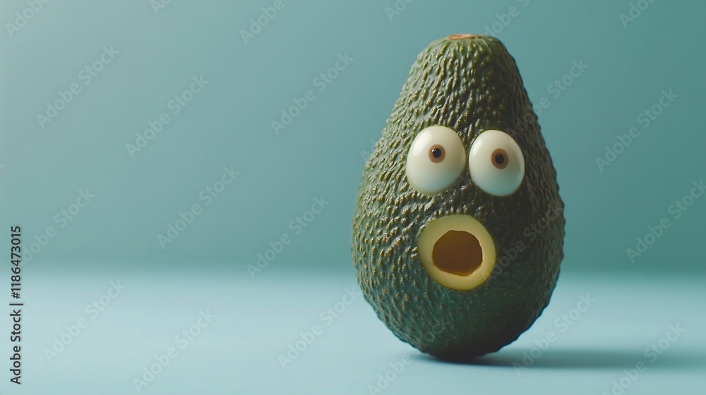 Poster a whimsical avocado with googly eyes and an open mouth, creating a playful expression.